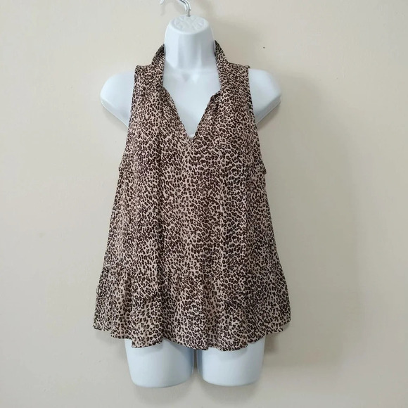 Joie Size Small Estero Leopard Sleeveless Peplum Tie Neck Silk - Picture 1 of 10